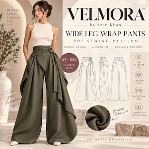 Puede incluir: Un patrón de costura en PDF para pantalones envolventes de pierna ancha de Velmora by Azan Khan. La imagen muestra a una persona con pantalones envolventes de color verde oliva, cierre de anillo lateral, dibujos técnicos y varios iconos.