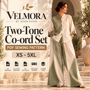 May include: A two-tone co-ord set PDF sewing pattern by Velmora by Azan Khan, featuring a button-down shirt and wide-leg trousers in sage green and cream. The pattern includes sizes XS-5XL with A4, US letter, A0, and projector file formats.