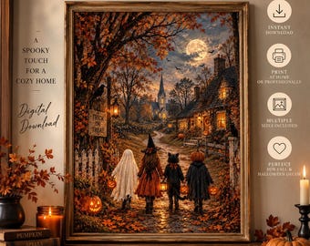 May include: A Halloween wall art print featuring a path leading to a house under a full moon. Four figures in costumes, including a ghost and a pumpkin-headed person, walk along the path. The scene includes autumn trees, pumpkins, and text.