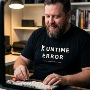 Peut inclure: Un t-shirt noir à manches courtes avec le texte blanc RUNTIME ERROR et le texte plus petit runes were the first code, incluant un caractère R stylisé. Le vêtement est porté lors de l'utilisation d'un clavier mécanique aux touches grises et orange.