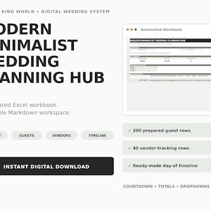 Puede incluir: Un sistema de planificación de bodas digital titulado Modern Minimalist Wedding Planning Hub de Domain King World. La interfaz incluye un libro de Excel automatizado, 200 filas de invitados, 40 filas de seguimiento de proveedores, un cronograma y seis pestañas.