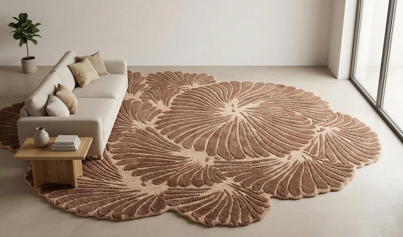 May include: A large, irregularly shaped area rug featuring a textured, repeating fan-like pattern in shades of brown and cream. The rug has a thick, plush pile and covers a significant portion of the floor, extending underneath a light-colored sofa.