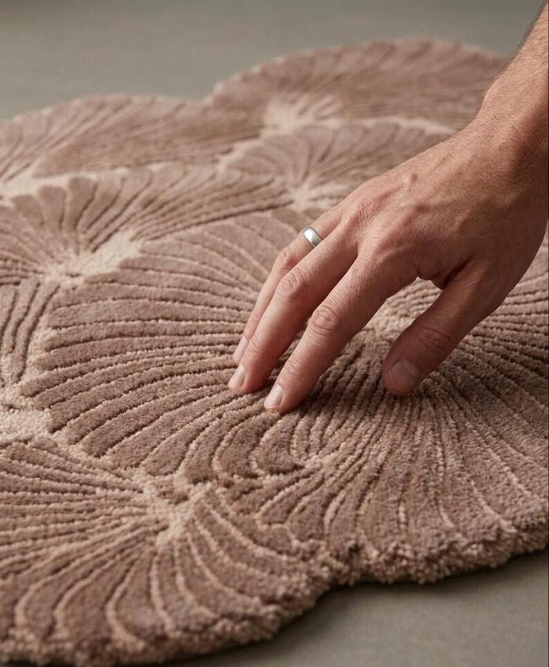 May include: A tufted rug in a muted taupe color featuring a repeating fan-shaped or shell-like pattern. The surface has a textured, raised pile construction with deep grooves between the curved segments, creating a tactile and dimensional appearance.
