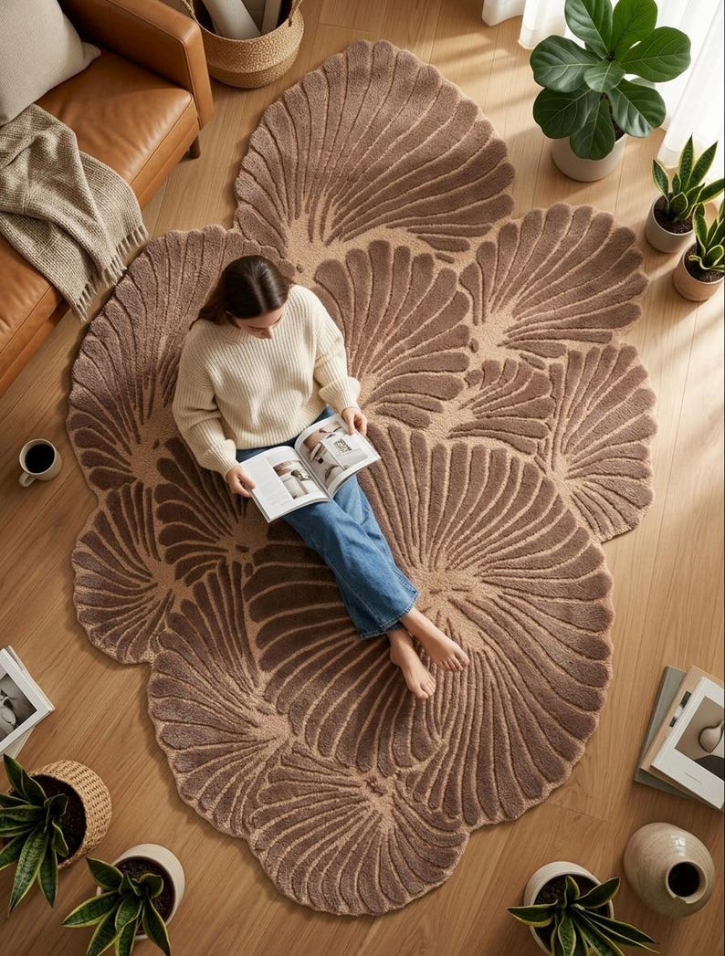 May include: A large, irregularly shaped area rug in a warm taupe color, featuring a repeating fan-like or shell-inspired embossed pattern across its textured surface. The rug covers a significant portion of the floor, showcasing a soft, plush pile.
