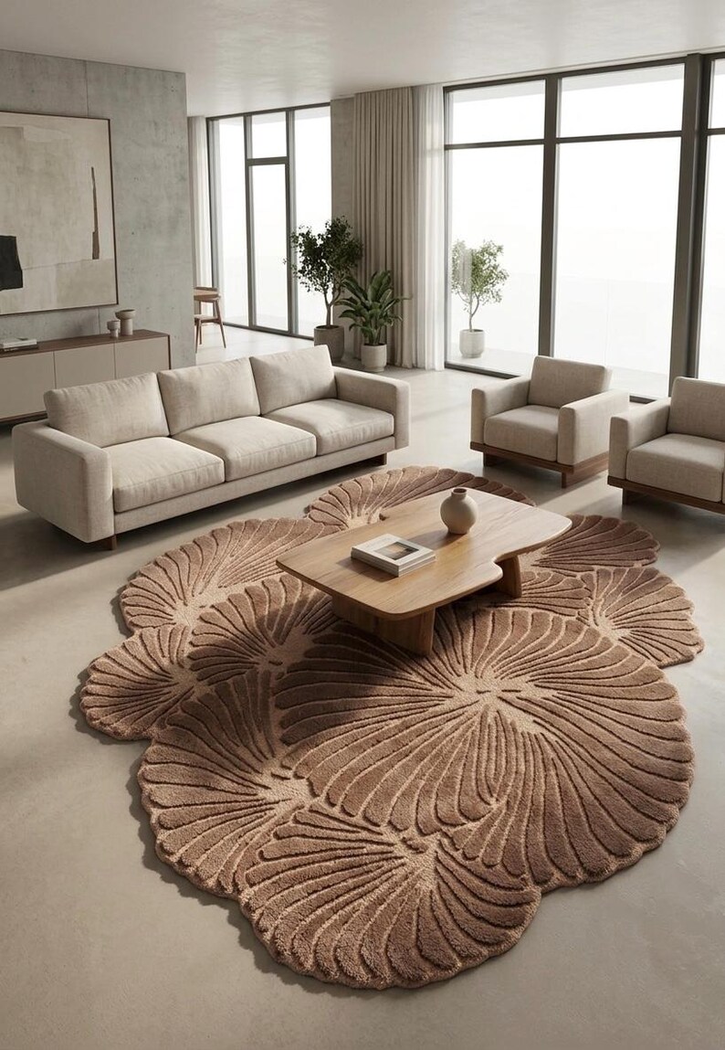 May include: A large, irregularly shaped area rug in a warm beige tone, featuring a repeating pattern of raised, fan-like petal motifs that create a textured, organic surface. The rug is positioned on a smooth floor beneath a wooden coffee table.