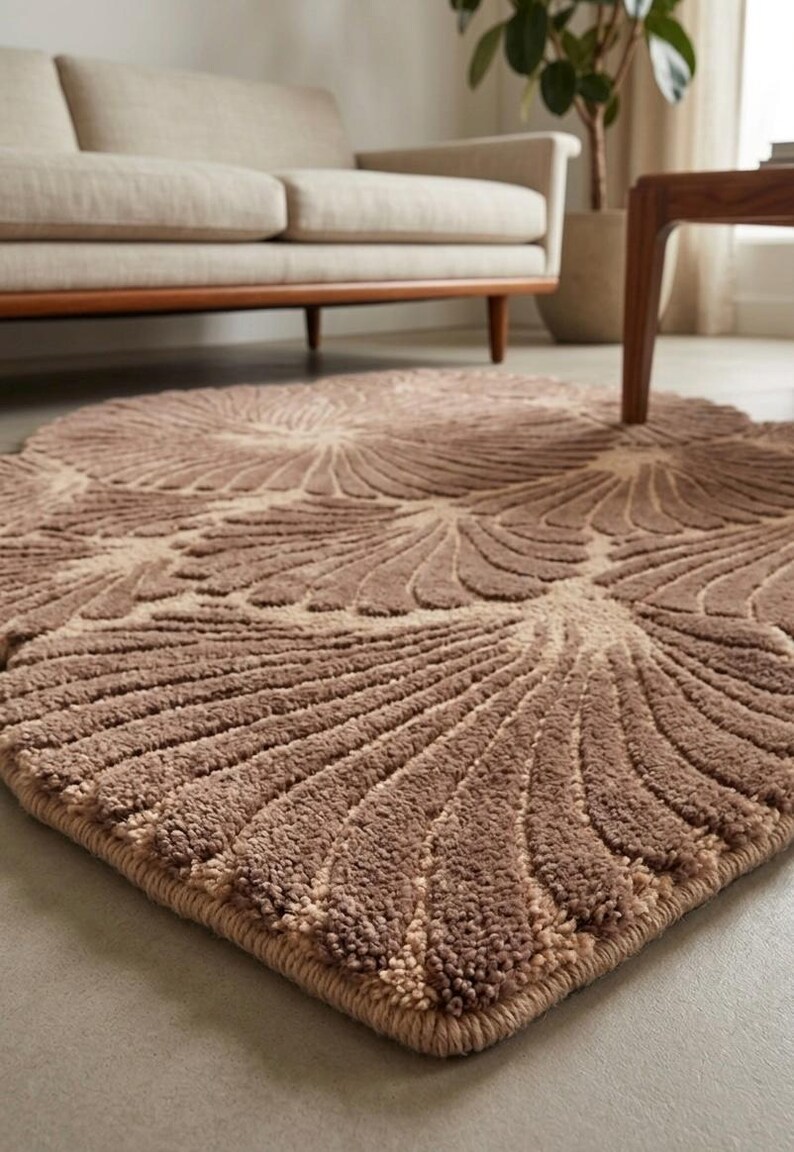 May include: A rectangular area rug featuring a repeating fan-like pattern in shades of brown and beige. The rug has a textured, tufted pile surface with a thick, stitched border edge that follows the contour of the repeating shell-like motifs.