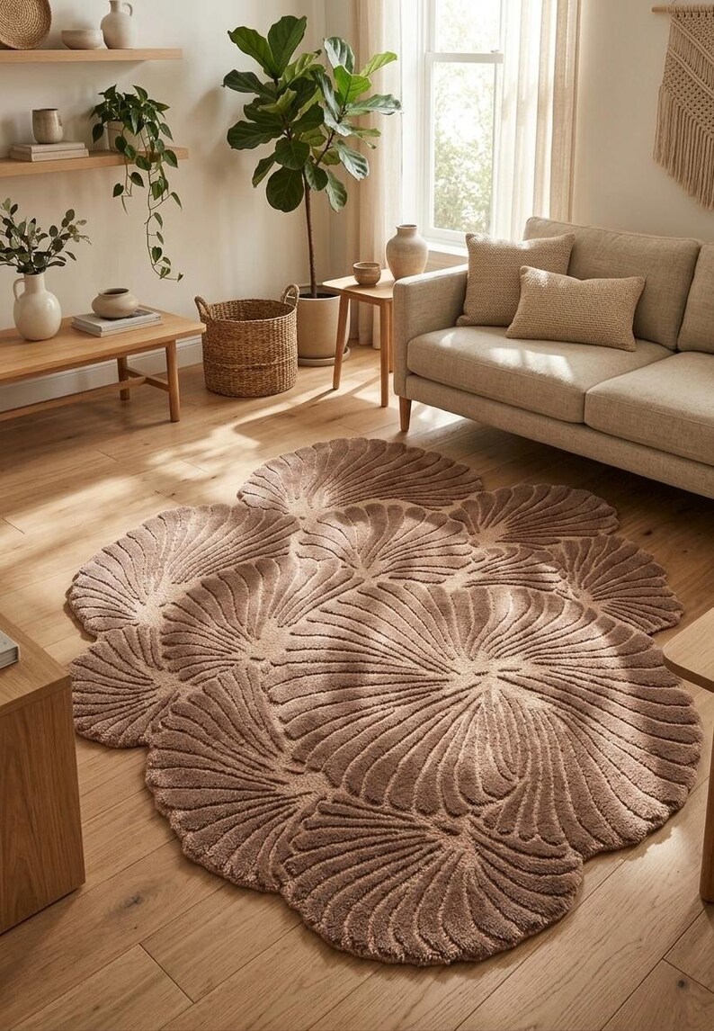 May include: A large, circular area rug in a muted taupe color, featuring a textured, raised pattern of overlapping fan-shaped or shell-like segments that radiate outward from the center, creating a distinct, organic, and layered floral silhouette.