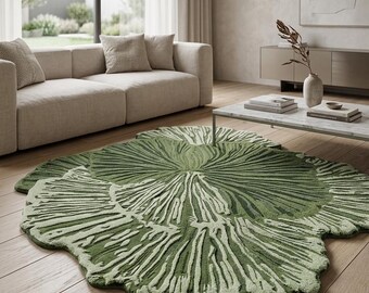 Organic Green Abstract Flower Rug, Scalloped Tufted Wool Area Rug, Modern Botanical Design