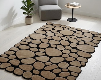 Modern Pebble Wool Rug, Organic Stone Shapes, Neutral Beige Black Area Rug (Handmade)