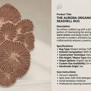 May include: An organic-shaped hand-tufted rug featuring interlocking fan and seashell motifs in warm brown and beige tones. The text reads: THE AURORA ORGANIC HAND-TUFTED SEASHELL RUG, 100% Wool Pile with Cotton Backing, and Pile Height ~15mm.