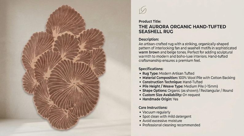 May include: An organic-shaped hand-tufted rug featuring interlocking fan and seashell motifs in warm brown and beige tones. The text reads: THE AURORA ORGANIC HAND-TUFTED SEASHELL RUG, 100% Wool Pile with Cotton Backing, and Pile Height ~15mm.