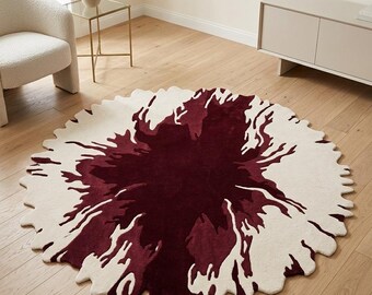 Abstract Burgundy Irregular Rug, Handmade Tufted Carpet, Modern Statement Home Décor