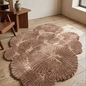 May include: A large, irregularly shaped area rug featuring a textured, tufted surface in a warm, earthy brown tone. The rug is composed of multiple overlapping circular and fan-like segments, each displaying a radiating, grooved pattern.