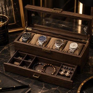 May include: A dark wood watch and jewelry storage box with a glass lid, featuring four wristwatches on tan cushions in the top compartment and a pull-out drawer below with divided sections for rings, bracelets, and earrings with gold hardware.