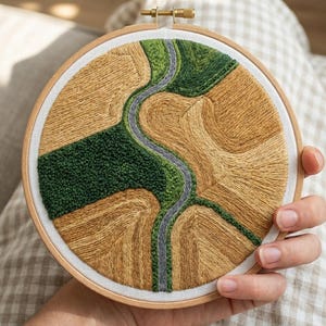 Puede incluir: Un bastidor de bordado circular que contiene un panel de tela con un diseño de paisaje. La labor presenta campos de color amarillo dorado texturizados, parches de color verde oscuro y un camino de río gris sinuoso hecho con hilos.