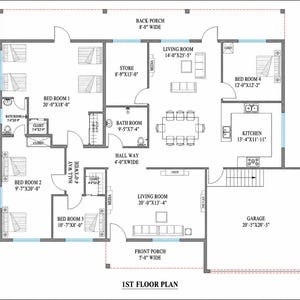 May include: A black and white architectural 1st floor plan showing four bedrooms, two bathrooms, a kitchen, two living rooms, a store room, a garage, and front and back porches. The layout includes labeled dimensions in feet and inches for each room.