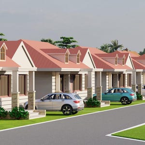 May include: A row of identical single-story houses with light beige walls, red gabled roofs, and small dormer windows. Each house features a front porch with stone-textured pillars, and parked cars in silver, teal, and white are visible in the driveways.