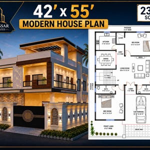May include: A modern house plan for a 42' x 55' lot totaling 2300 sq ft by Mudassar Associates. The image displays a two-story architectural rendering with warm exterior lighting and a detailed floor plan layout including a kitchen, dining, living room, bedrooms, and car parking.