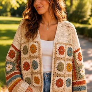 Patrón de ganchillo para cárdigan de cuadrados estilo abuela / Suéter bohemio patchwork en PDF / Ideal para principiantes