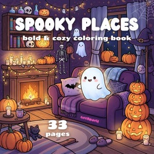 Puede incluir: Un libro para colorear titulado SPOOKY PLACES bold & cozy coloring book con 33 páginas. La portada muestra una habitación acogedora con chimenea, un sofá morado, un fantasma brillante, calabazas, un gato negro y una estantería con calaveras.