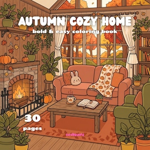 Puede incluir: Un libro para colorear Autumn Cozy Home bold and easy de 30 páginas. La ilustración de la portada muestra una sala de estar con chimenea, un sofá con una manta de estampado de calabazas, una mesa de centro con un libro abierto y plantas.