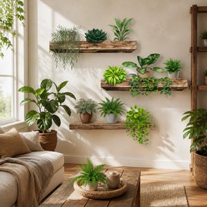 Può includere: Tre mensole galleggianti in legno rustico montate a parete, che espongono varie piante verdi in vaso, tra cui succulente, felci e piante rampicanti. Ulteriori piante in vaso sono posizionate su un tavolino in legno e sul pavimento.