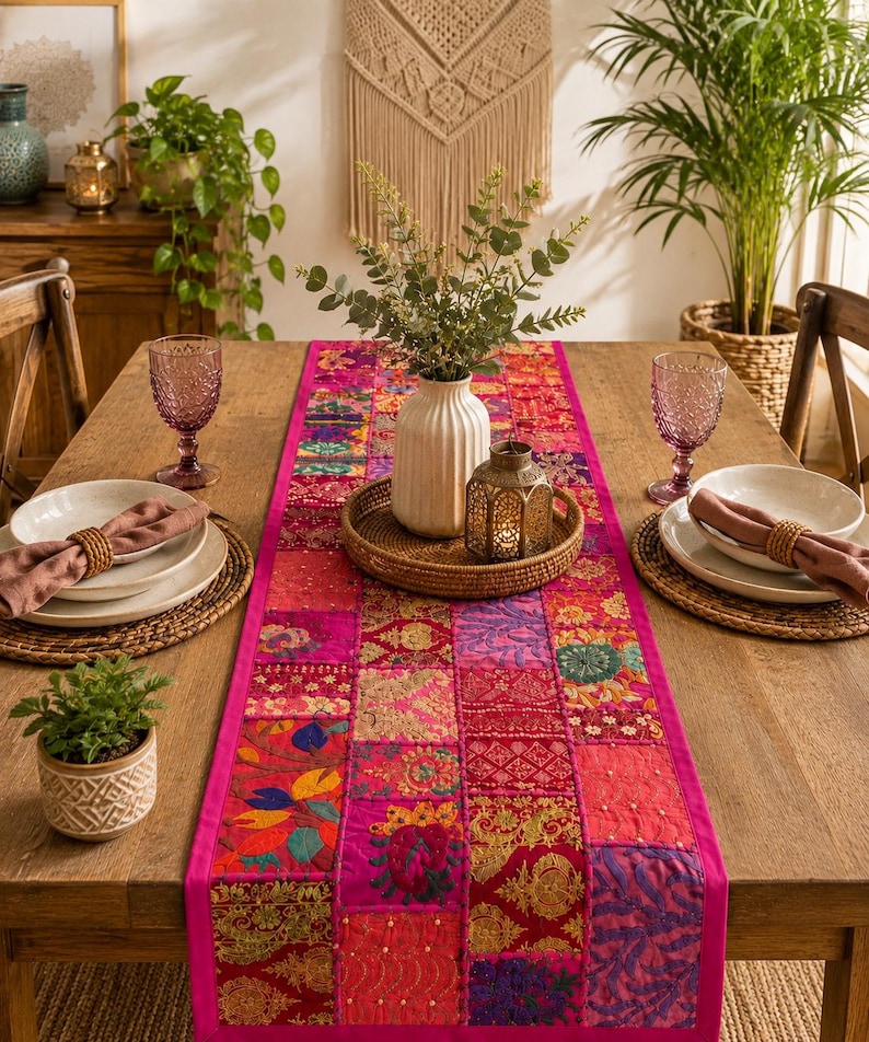 May include: A vibrant, rectangular table runner featuring a patchwork design of various embroidered fabrics in shades of pink, magenta, red, and gold. The runner is decorated with intricate floral patterns, sequins, and metallic thread accents.