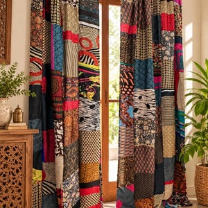 Indian Block Print Cotton Patchwork Curtains, Window Decor (Set of 2)