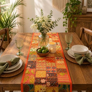 May include: A rectangular table runner featuring a vibrant patchwork design with various embroidered floral patterns, geometric shapes, and textured fabrics in shades of orange, yellow, green, and red, finished with a solid orange border trim.