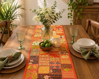 Vintage Handmade Khambadiya Patchwork Table Runner: Boho Embroidered Christmas Eve Gift
