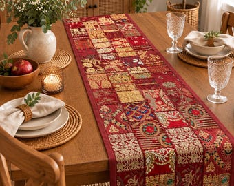 Indian Patchwork Table Runner: Embroidered Bohemian Runner, Dining Decor Gift For Her