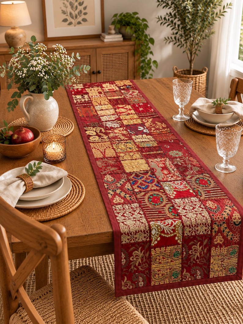 K&ouml;nnte beinhalten: Ein rechteckiger Tischl&auml;ufer mit einem Patchwork-Design aus verschiedenen roten, goldenen und bunten Stoffquadraten mit aufwendigen Stickereien, metallischen Fadenverzierungen und kleinen Spiegelakzenten, flach auf einem Holztisch ausgelegt.