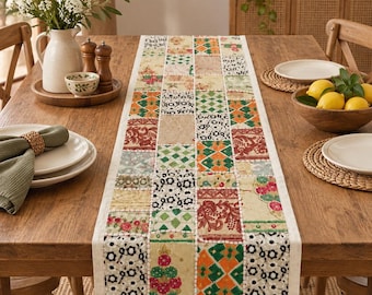 Vintage Tischläufer aus indischer Baumwolle im Patchwork-Stil: Bestickter Boho-Wandteppich, Weihnachtsdekoration für den Essbereich