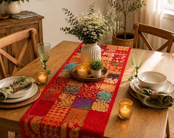 Handmade Khambadiya Patchwork Table Runner: Boho Embroidered Cotton Runner Gift For Christmas