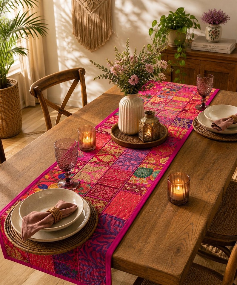 May include: A rectangular table runner featuring a vibrant patchwork design in shades of pink, magenta, and purple with intricate floral and geometric patterns. The runner is laid across a wooden dining table, accented by glassware and candles.