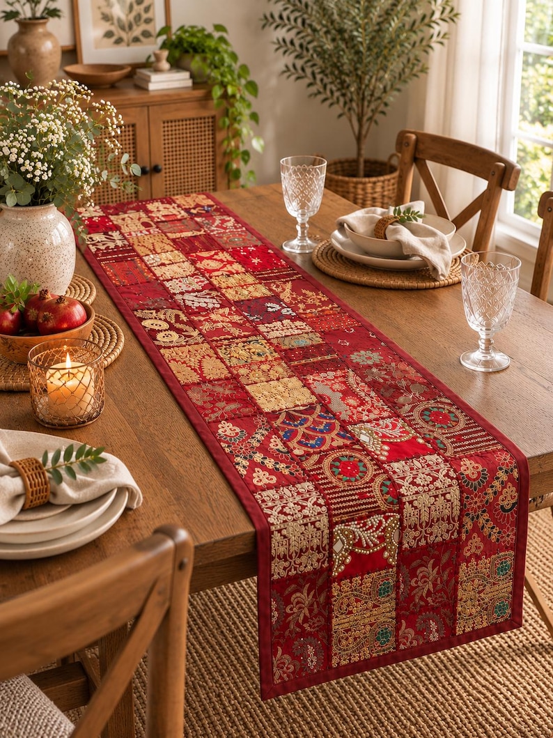 K&ouml;nnte beinhalten: Ein langer, rechteckiger Tischl&auml;ufer mit einem Patchwork-Design aus verschiedenen roten Stoffquadraten. Jedes Quadrat ist mit aufwendigen goldenen, gr&uuml;nen und blauen Stickereien, Blumenmustern und metallischen F&auml;den im gesamten Textil verziert.