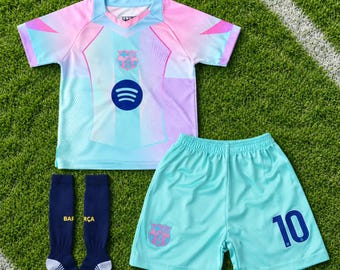 Barcelona Home Soccer Jersey Set | Short Sleeve V Neck Jersey with Shorts | Barca Fan Outfit for Kids and Adults