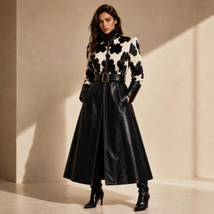 Luxury Cowhide Pattern Leather Trench Coat | High Collar Belted Maxi Duster