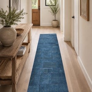 Può includere: Un lungo tappeto da corridoio rettangolare caratterizzato da un design patchwork in varie tonalità di blu. Il tappeto è composto da molteplici sezioni rettangolari e quadrate con cuciture visibili, creando un aspetto strutturato a griglia.