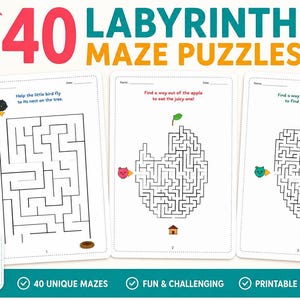 Op de afbeelding: Drie witte pagina's met doolhofpuzzels in zwarte lijnen, kleurrijke stripfiguren en tekst. De titel bovenaan luidt 40 LABYRINTH MAZE PUZZLES. Elke pagina bevat velden voor naam en datum, instructies en een doolhof. Een geel potlood ligt aan de rechterkant.