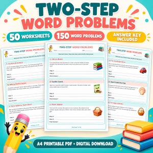 Puede incluir: Un conjunto de fichas educativas titulado Two-Step Word Problems, que incluye 50 páginas y 150 problemas con una hoja de respuestas. Las páginas contienen problemas matemáticos, líneas en blanco para los pasos y dibujos de libros y cestas.