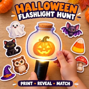 May include: A Halloween flashlight hunt activity set featuring a black flashlight with a clear jar attachment containing a glowing orange jack-o'-lantern. Surrounding stickers include a white ghost, black cat, owl, purple hat, bat, candy corn, and mushroom.