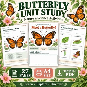 Könnte beinhalten: Ein druckbares Butterfly Unit Study Lernset mit drei Seiten, die Illustrationen von Monarchfaltern, Lebenszyklen und Körperteilen zeigen. Der Text umfasst Butterfly Unit Study, Meet a Butterfly und A Butterfly Life Cycle. Es ist im A4-Format.