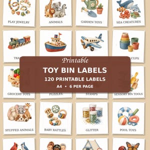 May include: A collection of printable toy bin labels featuring illustrations of various toys including jewellery, animals, garden tools, sea creatures, trains, boats, planes, stacking cups, grocery items, rattles, glitter, and pool toys with text.