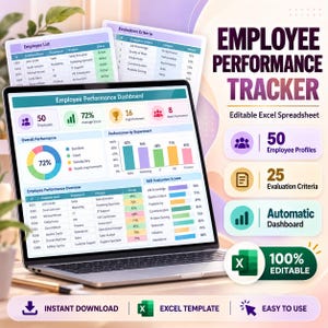 Könnte beinhalten: Ein Laptop-Bildschirm zeigt ein Dashboard zur Mitarbeiterleistungsverfolgung mit Diagrammen und Tabellen. Der Text umfasst Employee Performance Tracker, Editable Excel Spreadsheet, 50 Employee Profiles, 25 Evaluation Criteria, Automatic Dashboard, 100% Editable, Instant Download, Excel Template und Easy to Use.