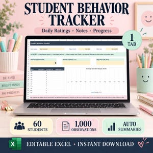 Peut inclure: Un ordinateur portable affichant une feuille de calcul Student Behavior Tracker avec des colonnes pour les évaluations quotidiennes, les notes et les progrès. L'écran montre une clé d'évaluation, des observations mensuelles et un graphique. Texte inclus : Student Behavior Tracker, 60 students, 1,000 observations, auto summaries.