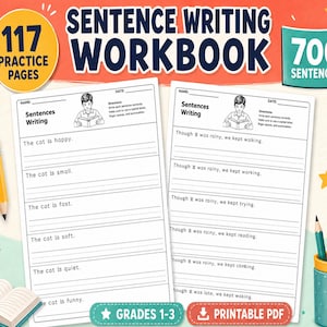 Puede incluir: Un cuaderno de ejercicios de escritura de oraciones con 117 páginas y 700 oraciones. La portada muestra dos hojas de trabajo blancas con líneas para escribir, cada una con un niño leyendo un libro e instrucciones de puntuación.