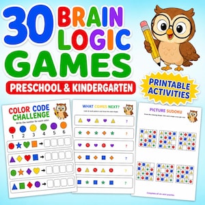 May include: A set of 30 brain logic games for preschool and kindergarten featuring a cartoon owl holding a pencil. The printable activities include a colour code challenge, a what comes next pattern exercise, and picture sudoku puzzles.