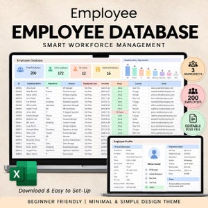 Puede incluir: Una plantilla de base de datos de empleados en formato de hoja de cálculo digital mostrada en dos pantallas de ordenador. La interfaz incluye columnas para ID, nombre, departamento, puesto, tipo de empleo, fecha de contratación y estado.