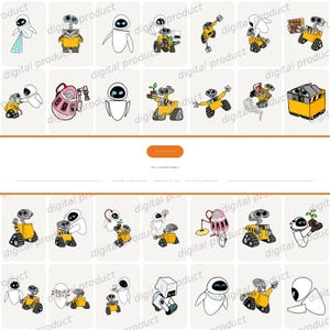 以下が含まれることがあります： Wall-EとEveのロボットイラストのデジタルコレクション。植物を持つWall-E、飛行するEve、両キャラクターが交流する様子など、様々なポーズが描かれています。デザインは黄色、白、灰色の色調で表現されています。